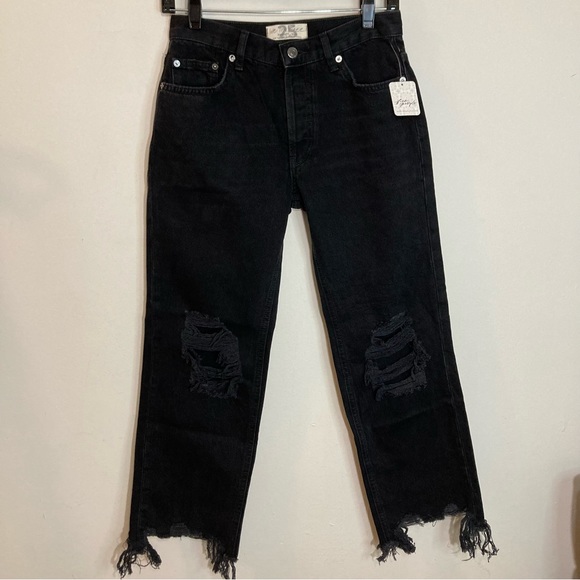 Free People Maggie Mid Rise Straight Leg Black Distressed Jeans - Picture 8 of 15